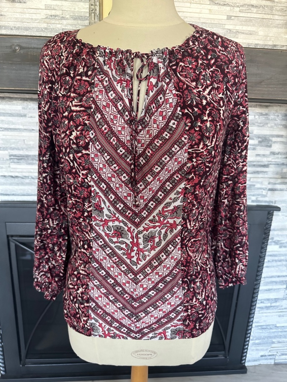 Lucky Brand Burgundy and White Boho Peasant Blouse